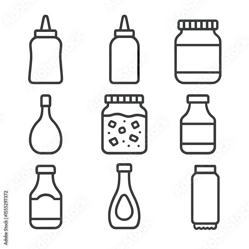 Condiment Icons Collection. Line style icons of Condiment Shelf: ketchup squeeze, mustard bottle, mayonnaise jar, hot sauce flask,