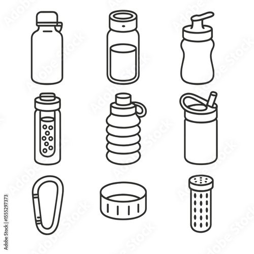 Hydration Bottle Icons. Line style icons of Hydration Bottle Collection: stainless flask, smart tracking lid, squeezable sports