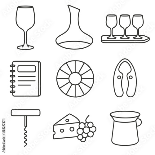 Wine Tasting Icons. Line style icons of Wine Tasting Session: crystal wine glass, decanter carafe, flight board, tasting notebook,