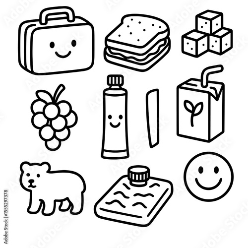 Kids Lunchbox Favorites. Line style icons of Kids Lunchbox Favorites: cartoon lunchbox, peanut butter sandwich, cheese cubes,