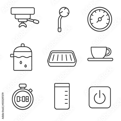 Espresso Machine Icons. Line style icons of Espresso Machine Anatomy: group head, steam wand knob, pressure gauge, boiler tank,