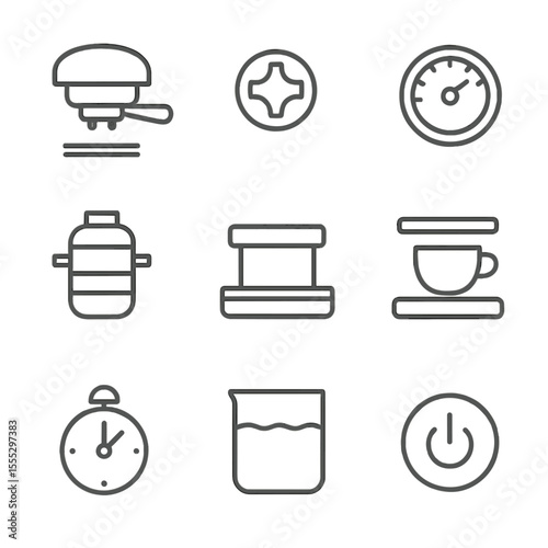 Espresso Machine Icons. Line style icons of Espresso Machine Anatomy: group head, steam wand knob, pressure gauge, boiler tank,