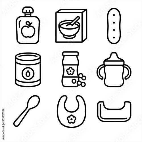 Baby Food Icons. Line style icons of Baby & Toddler Foods: purée pouch, rice cereal box, teething biscuit, formula can, snack puff