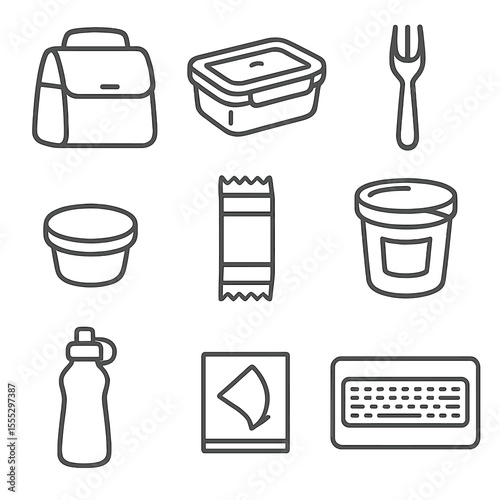 Office Lunch Icons. Line style icons of Office Desk Lunch: insulated lunch bag, microwave-safe container, reusable fork, salad