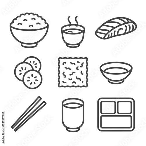 Japanese Lunch Icons. Line style icons of Japanese Lunch Set: rice bowl, miso soup cup, grilled salmon fillet, pickled radish,