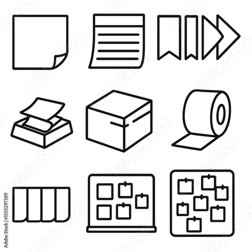 Sticky Note Collection. Line style icons of Sticky Note Collection: square sticky note, lined sticky pad, tab flag strip, arrow