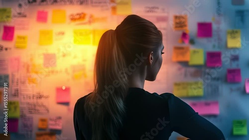 Woman analyzing a whiteboard covered in colorful sticky notes, problem-solving, brainstorming in a brightly lit office