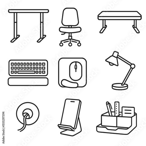 Ergonomic Desk Icons. Line style icons of Ergonomic Desk Setup: adjustable standing desk, swivel office chair, monitor riser,