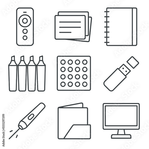 Presentation Kit Icons. Line style icons of Presentation Preparation Kit: slide clicker, cue cards, binder notebook, highlighter