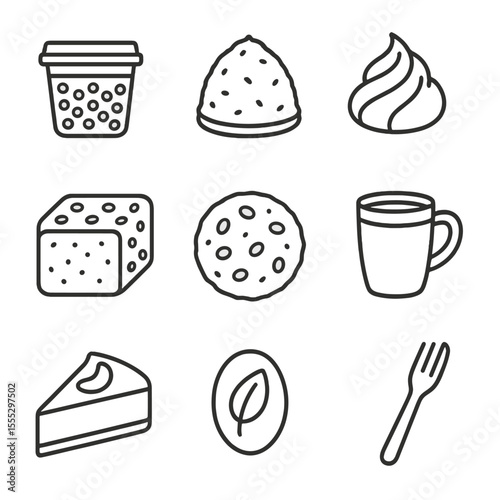 Vegan Bakery Icons. Line style icons of Vegan Bakery Delights: chia pudding cup, coconut macaroon, flaxseed brownie, aquafaba
