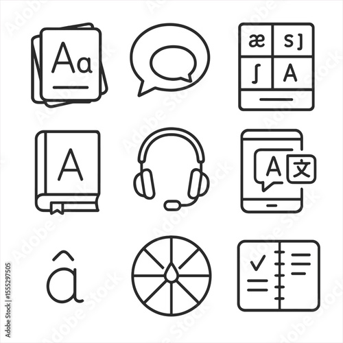 Language Learning Icons. Line style icons of Language Learning Tools: flashcard stack, speech bubble, phonics chart, dictionary,