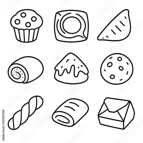 Breakfast Pastries Icons. Line style icons of Breakfast Pastries: blueberry muffin, cheese Danish, apple turnover, poppy seed roll