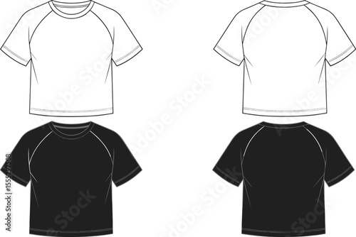 Short sleeve raglan t-shirt CAD flat sketch, front and back view, black and white fashion vector technical drawing template