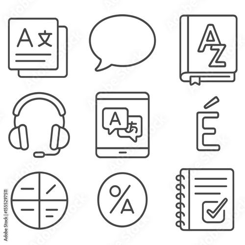Language Learning Icons. Line style icons of Language Learning Tools: flashcard stack, speech bubble, phonics chart, dictionary,