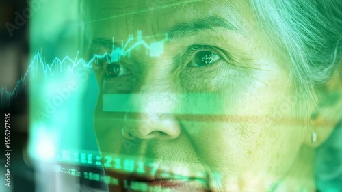 Close-up of an elderly womans face with financial data overlay, creating a futuristic and analytical visual style.