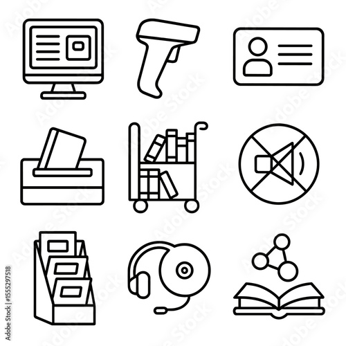 Library Media Icons. Line style icons of Library Media Center: catalog computer, barcode scanner, library card, book return slot,