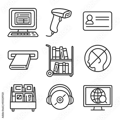 Library Media Icons. Line style icons of Library Media Center: catalog computer, barcode scanner, library card, book return slot,