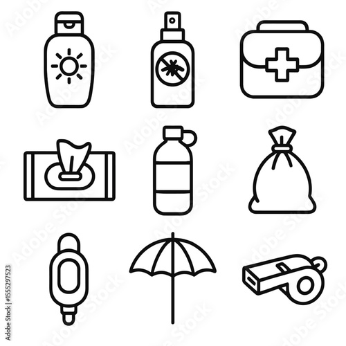 Picnic Safety Essentials Icons. Line style icons of Picnic Safety Kit: sunscreen bottle, insect repellent spray, first-aid pouch,