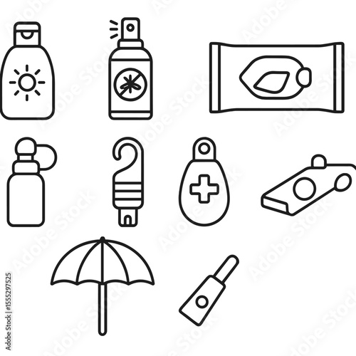 Picnic Safety Essentials Icons. Line style icons of Picnic Safety Kit: sunscreen bottle, insect repellent spray, first-aid pouch,
