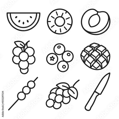 Summer Fruit Icons. Line style icons of Summer Fruit Basket: watermelon slice, pineapple ring, peach half, kiwi wheel, bunch of