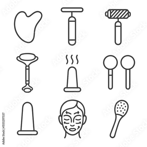 Facial Massage Tool Icons. Line style icons of Deep Facial Massage Tools: stainless gua-sha board, T-bar vibration wand,