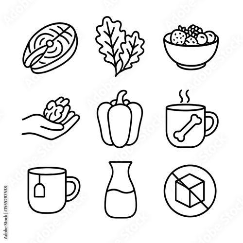 Nutri-Dense Meal Icons. Line style icons of Nutri-Dense Meal Plan: omega-3 salmon, dark leafy kale, mixed berry bowl, walnut
