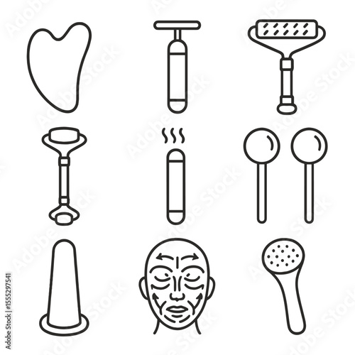 Facial Massage Tool Icons. Line style icons of Deep Facial Massage Tools: stainless gua-sha board, T-bar vibration wand,