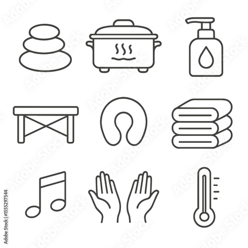 Hot Stone Massage Icons. Line style icons of Hot Stone Massage: basalt hot stone, warming heater pot, massage oil pump, massage