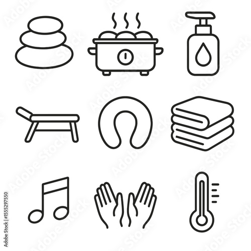Hot Stone Massage Icons. Line style icons of Hot Stone Massage: basalt hot stone, warming heater pot, massage oil pump, massage