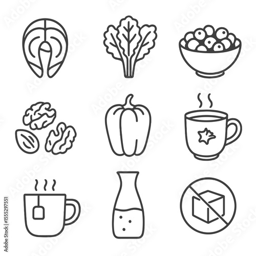 Nutri-Dense Meal Icons. Line style icons of Nutri-Dense Meal Plan: omega-3 salmon, dark leafy kale, mixed berry bowl, walnut