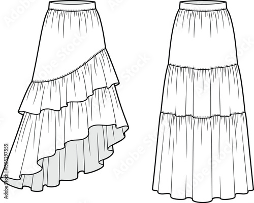Tiered ruffle skirt flat sketch, fashion cad drawing for apparel design, high-low silhouette, vector outline for clothing template