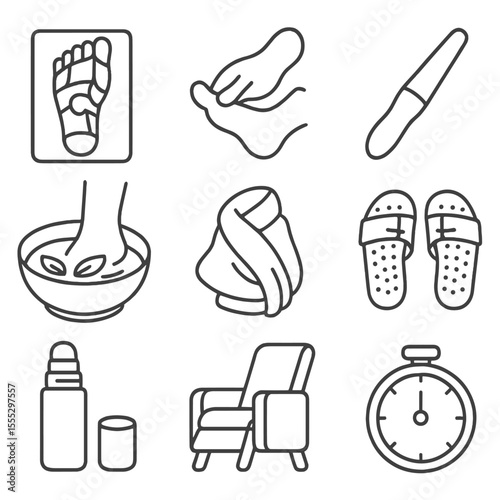 Reflexology Foot Map Icons. Line style icons of Reflexology Foot Map: foot pressure chart, thumb pressure point, reflex stick,
