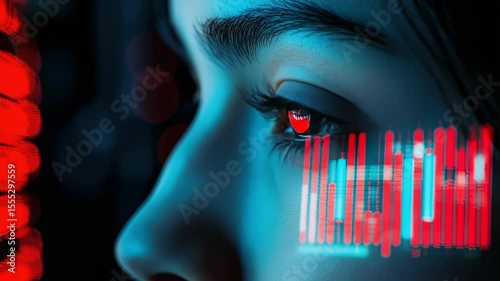 Close-up of a womans face with digital stock market data overlay, futuristic, tech-driven, intense gaze, financial analysis concept