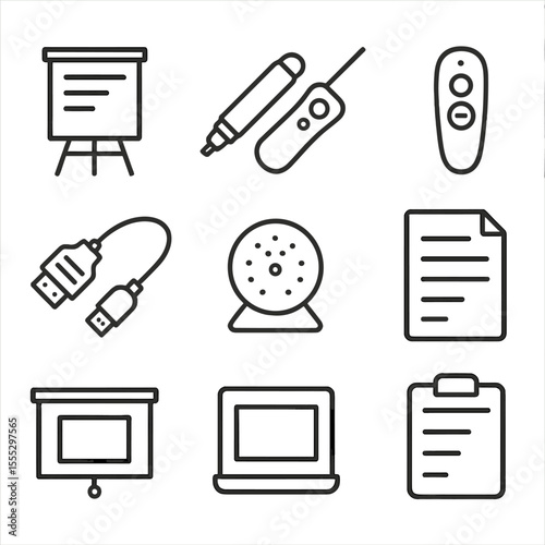 Meeting Presentation Icons. Line style icons of Meeting Presentation Kit: flip chart pad, dry-erase marker, laser pointer,