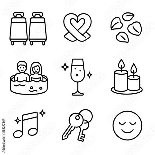 Couples Spa Icons. Line style icons of Couples Spa Experience: dual massage tables, heart towel fold, rose petals, shared jacuzzi,