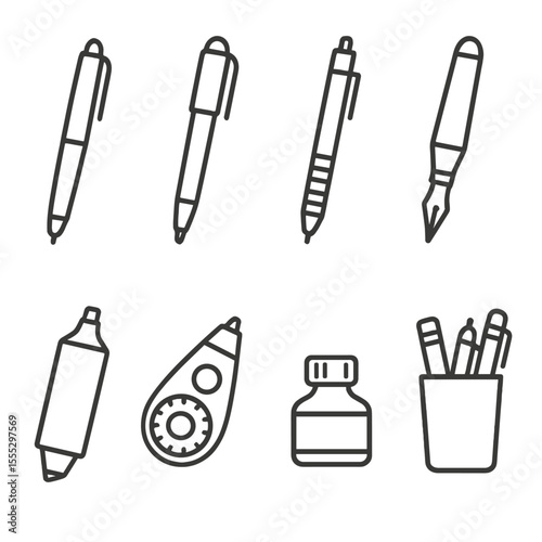 Desk Writing Supplies Icons. Line style icons of Desk Writing Supplies: ballpoint pen, gel pen, mechanical pencil, fountain pen,