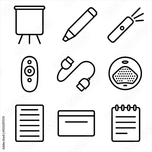 Meeting Presentation Icons. Line style icons of Meeting Presentation Kit: flip chart pad, dry-erase marker, laser pointer,