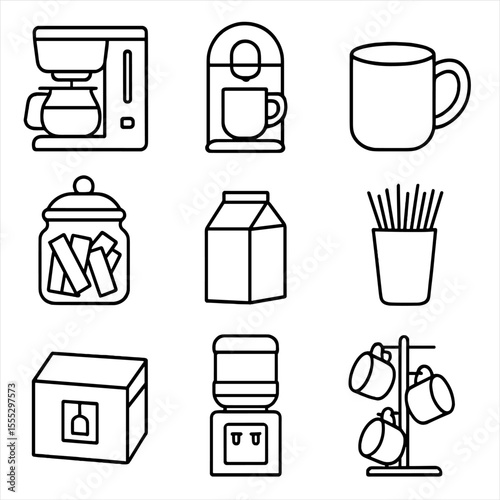Breakroom Coffee Icons. Line style icons of Breakroom Coffee Setup: drip coffee maker, espresso pod machine, coffee mug, sugar