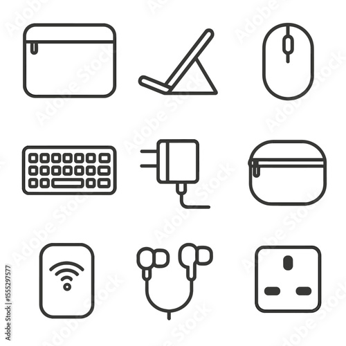 Remote Work Essentials. Line style icons of Remote Work Travel Pack: laptop sleeve, folding stand, compact mouse, portable