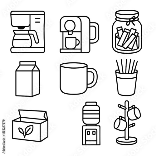 Breakroom Coffee Icons. Line style icons of Breakroom Coffee Setup: drip coffee maker, espresso pod machine, coffee mug, sugar