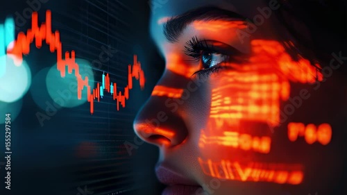 Woman analyzing stock market data with digital overlay, futuristic tech concept