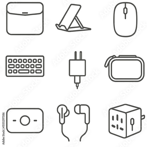 Remote Work Essentials. Line style icons of Remote Work Travel Pack: laptop sleeve, folding stand, compact mouse, portable