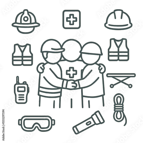 Rescue Icons Group Hug. Line style icons of Rescue Workers Group Hug: firefighter helmet icon, medical cross icon, safety vest