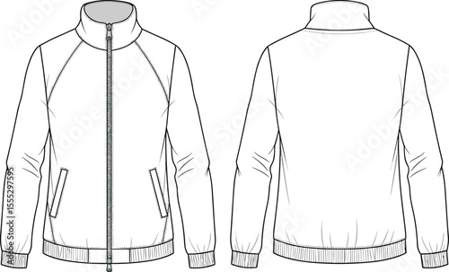 Technical flat cad drawing of zip-up track jacket with long sleeves, mock neck, elastic hem cuffs, front back vector illustration