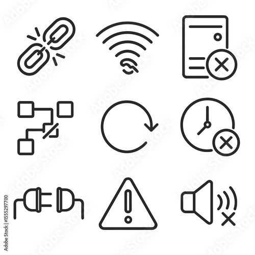 Network Error Icons. Line style icons of Network Error Indicators: broken link chain, Wi-Fi glitch, server offline icon, packet