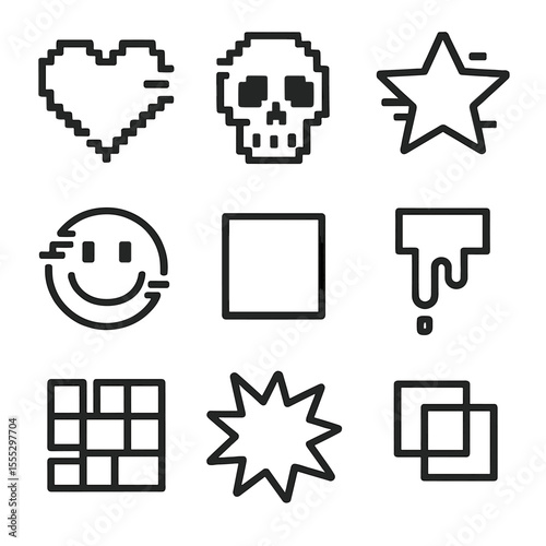 Pixel Art Glitch Icons. Line style icons of Pixel Art Glitch Icons: pixel heart glitch, pixel skull glitch, pixel star glitch,