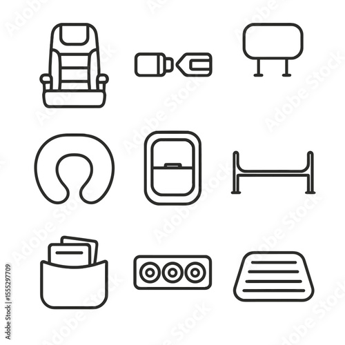 Passenger Comfort Icons. Line style icons of Passenger Comfort Items: leather seat, seatbelt buckle, headrest, travel pillow,