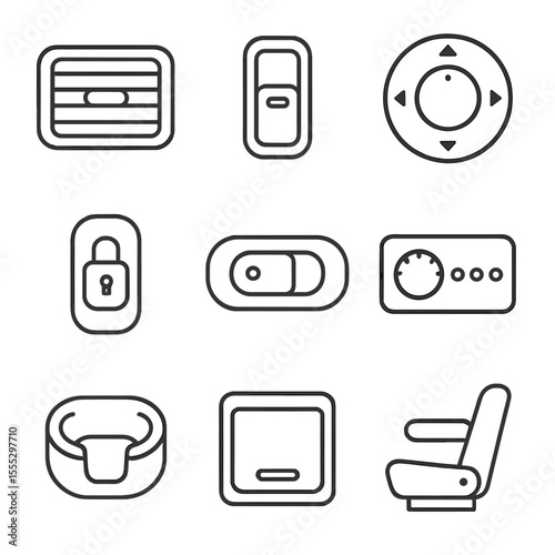 Taxi Interior Icons. Line style icons of Taxi Interior Controls: HVAC vent, window switch, mirror adjust knob, door lock button,