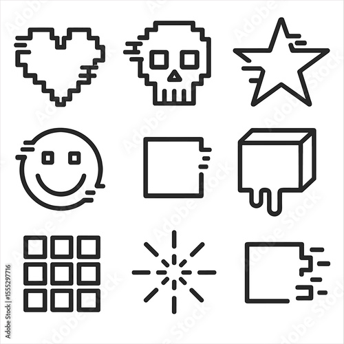 Pixel Art Glitch Icons. Line style icons of Pixel Art Glitch Icons: pixel heart glitch, pixel skull glitch, pixel star glitch,