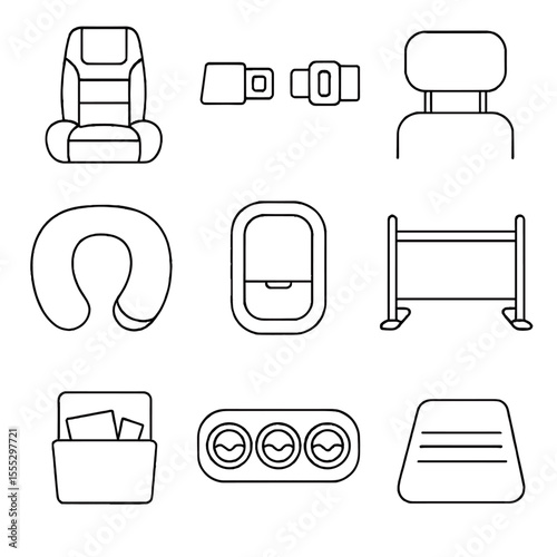 Passenger Comfort Icons. Line style icons of Passenger Comfort Items: leather seat, seatbelt buckle, headrest, travel pillow,